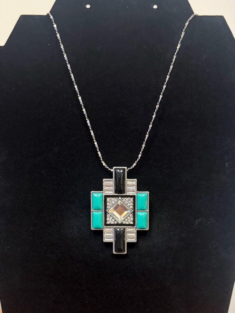 Lia Sophia Art Deco Geometric Pendant Necklace Turquoise Black Rhinestone